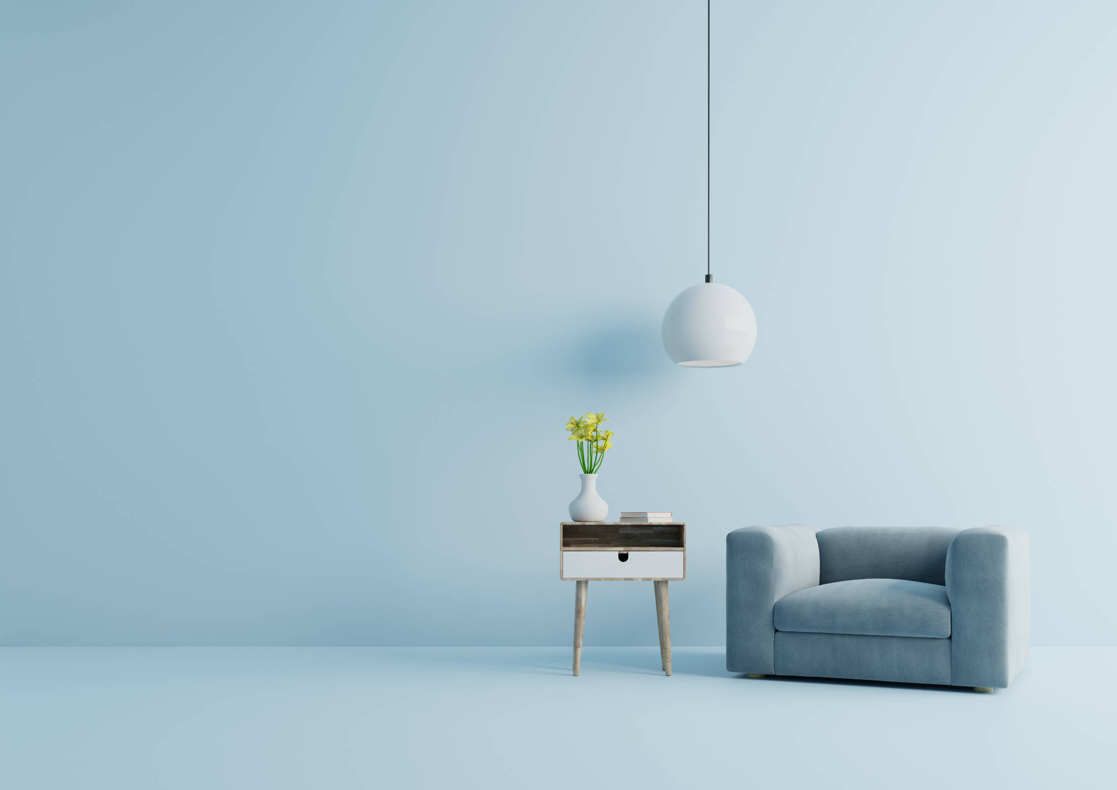 Modern living room with blue armchair have cabinet and lamp on w Aesthetic Iron Shelves